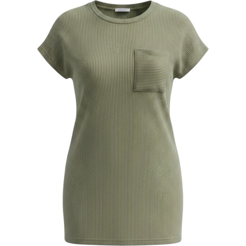 Entro Olive Green Ribbed Short Sleeve Pocket Top Relaxed Fit Round Neck